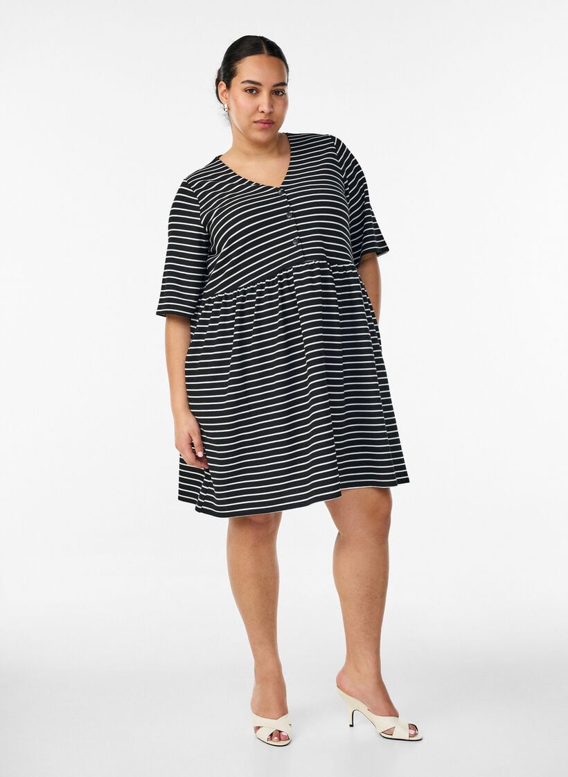 Jurk met een geribde textuur en een empirelijn, Wit, Model image number 1