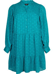 Jacquard jurk met ruche kraag, Deep Lake