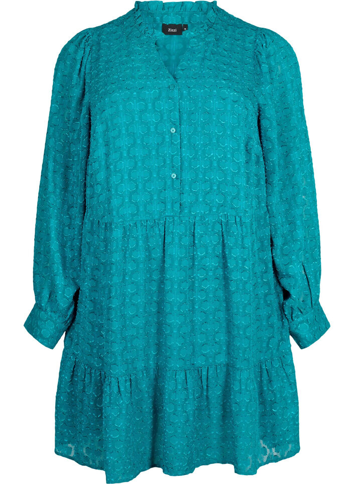 Jacquard jurk met ruche kraag, Deep Lake, Packshot image number 0