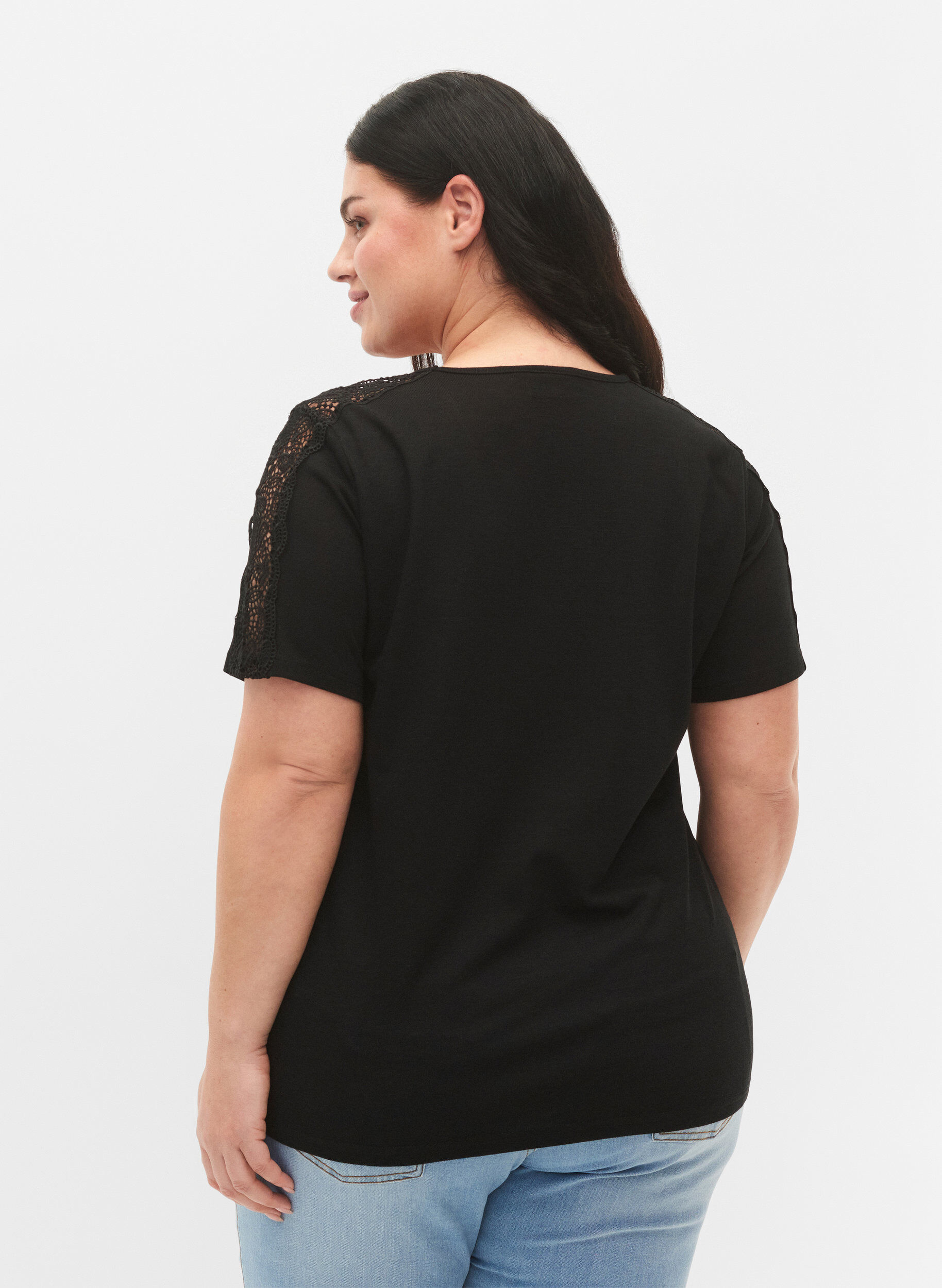 Zizzi Blouse met korte mouwen, kant en v-hals, Black, Model image number 1