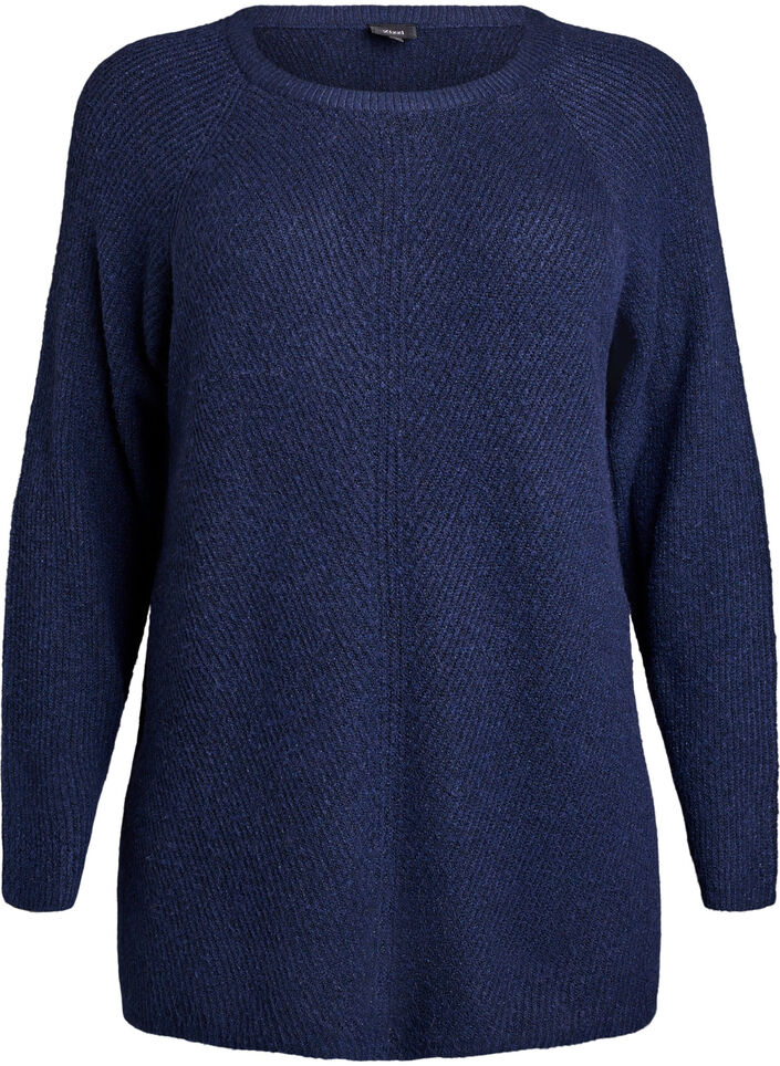 Gebreide trui met diagonale structuur en raglanmouwen, Blauw, Packshot image number 0