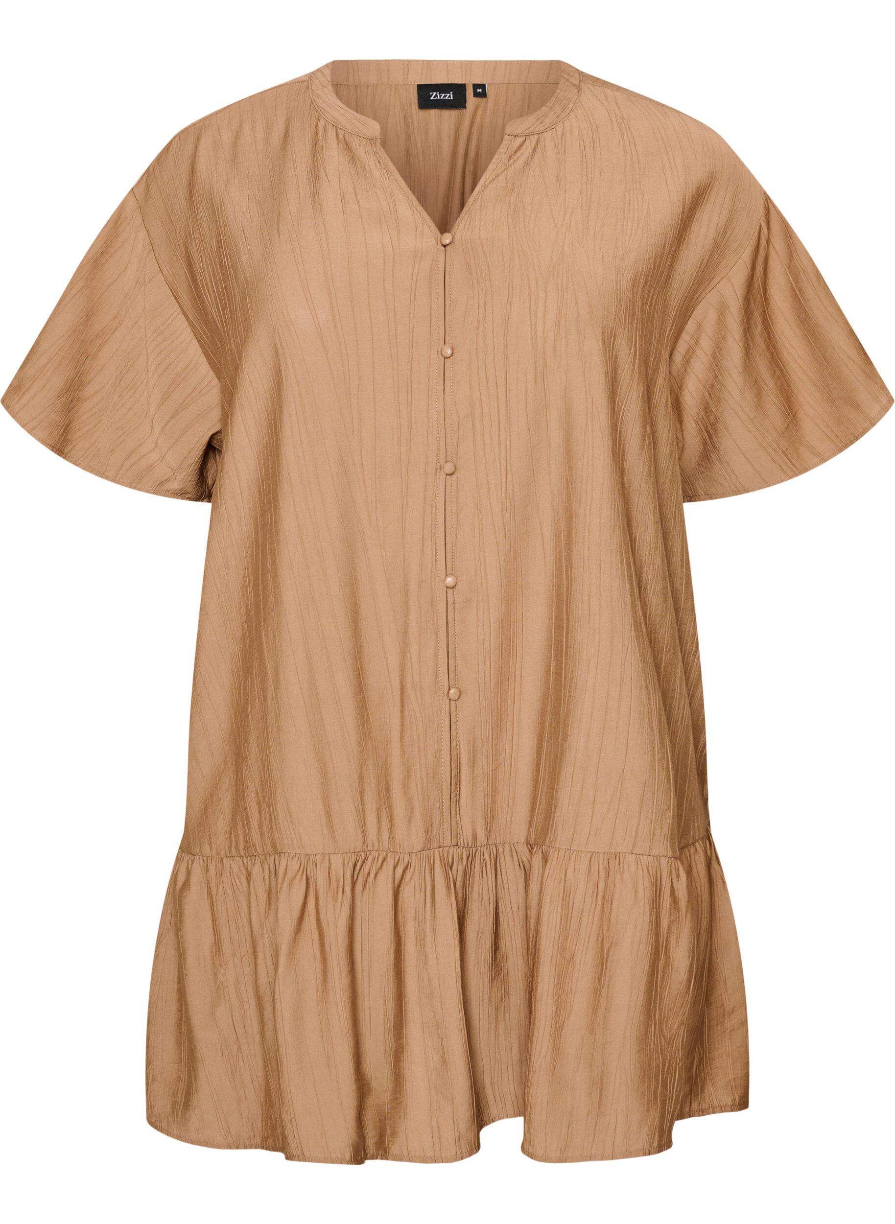 ZizziLosse tuniek met gekreukte structuur en rucherand, Bruin, Packshot image number 0