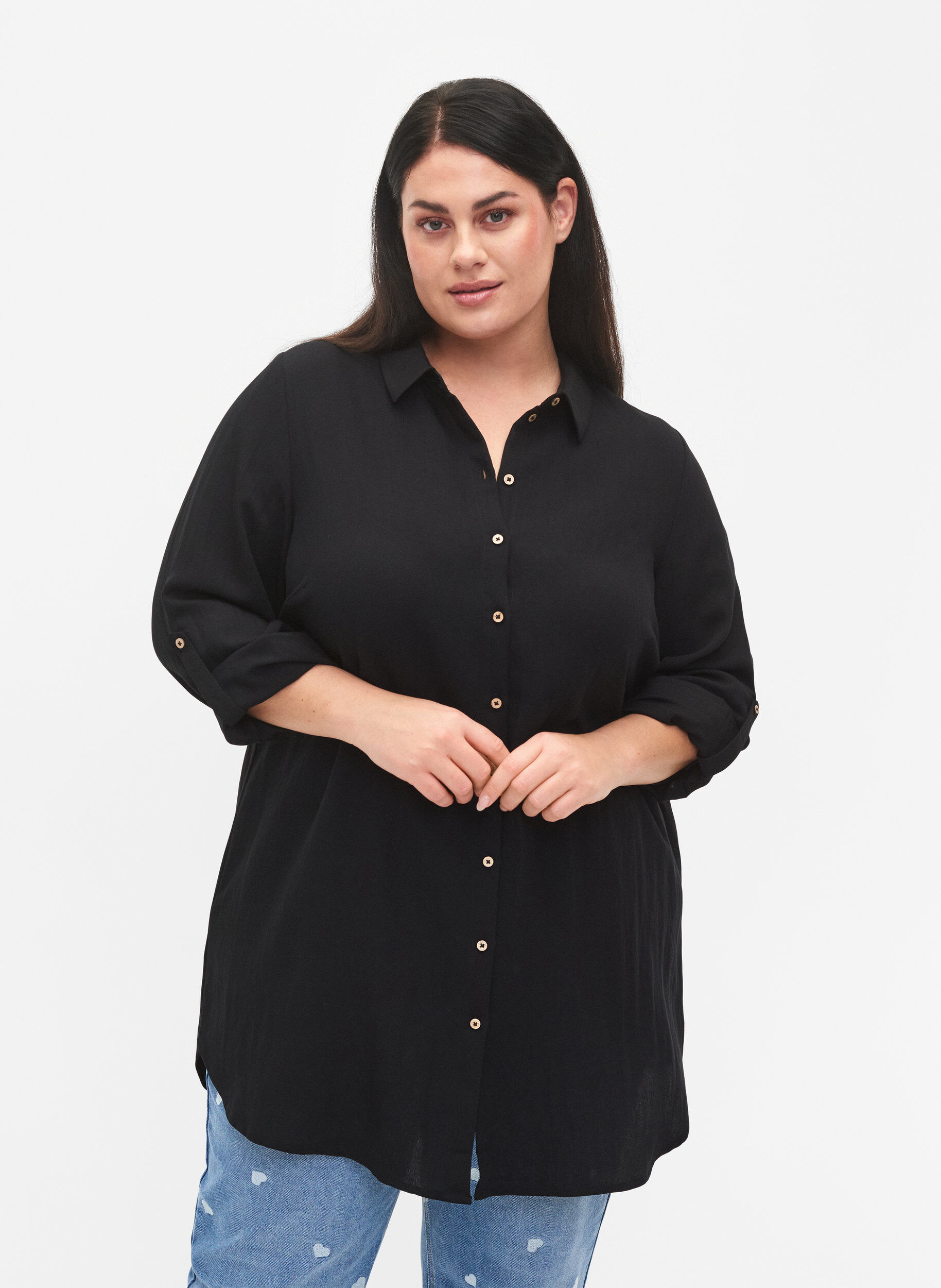 Zizzi Lang effen overhemd van viscose, Black, Model image number 0