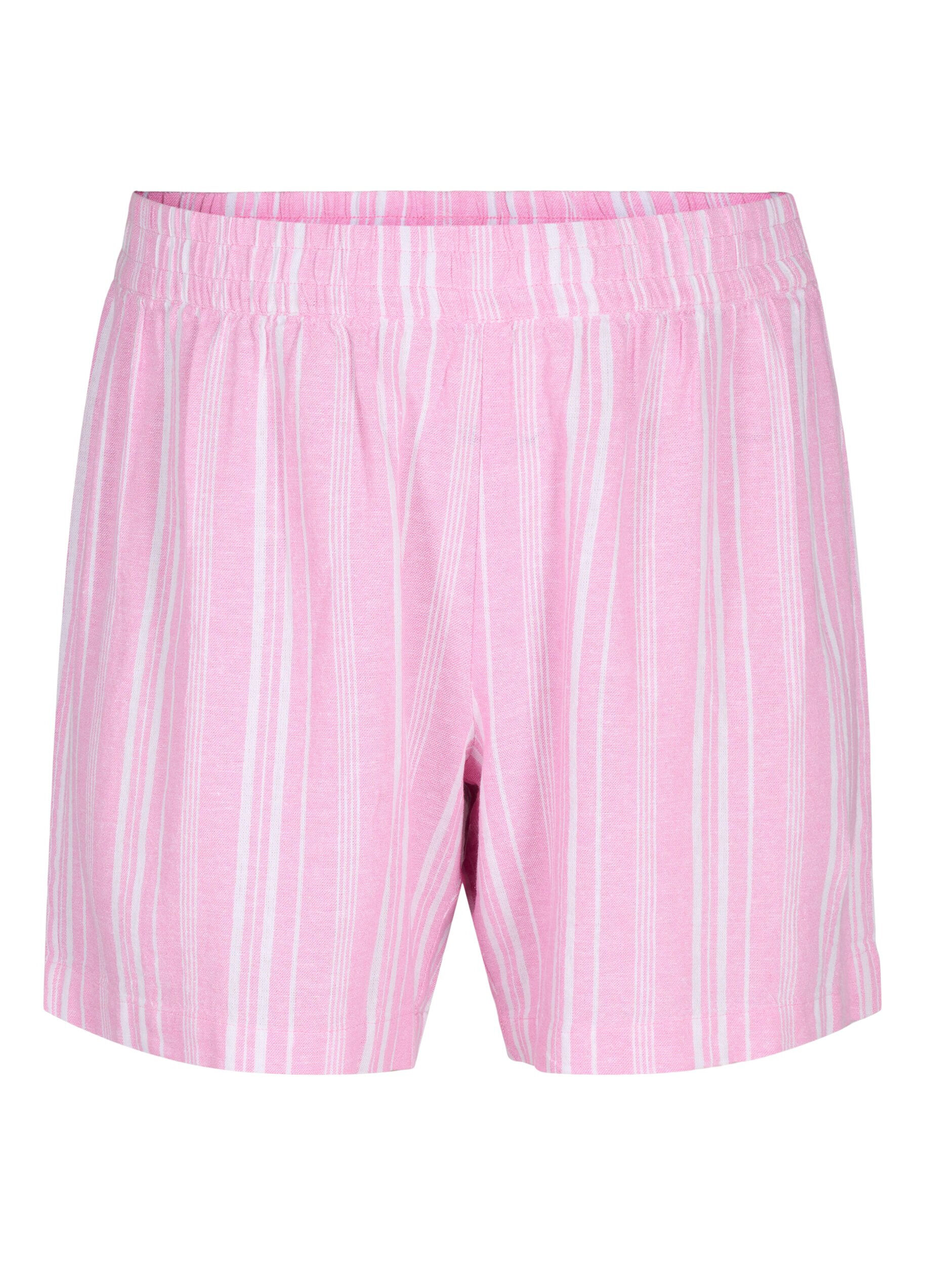 Zizzi Gestreepte korte broek van linnen en viscose, Roze, Packshot image number 0