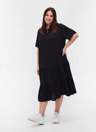 Viscose jurk met print en korte mouwen, Black, Model image number 2
