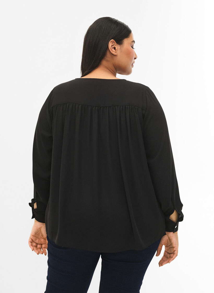 Blouse met lange mouwen en kreukels op de rug, Black, Model image number 1