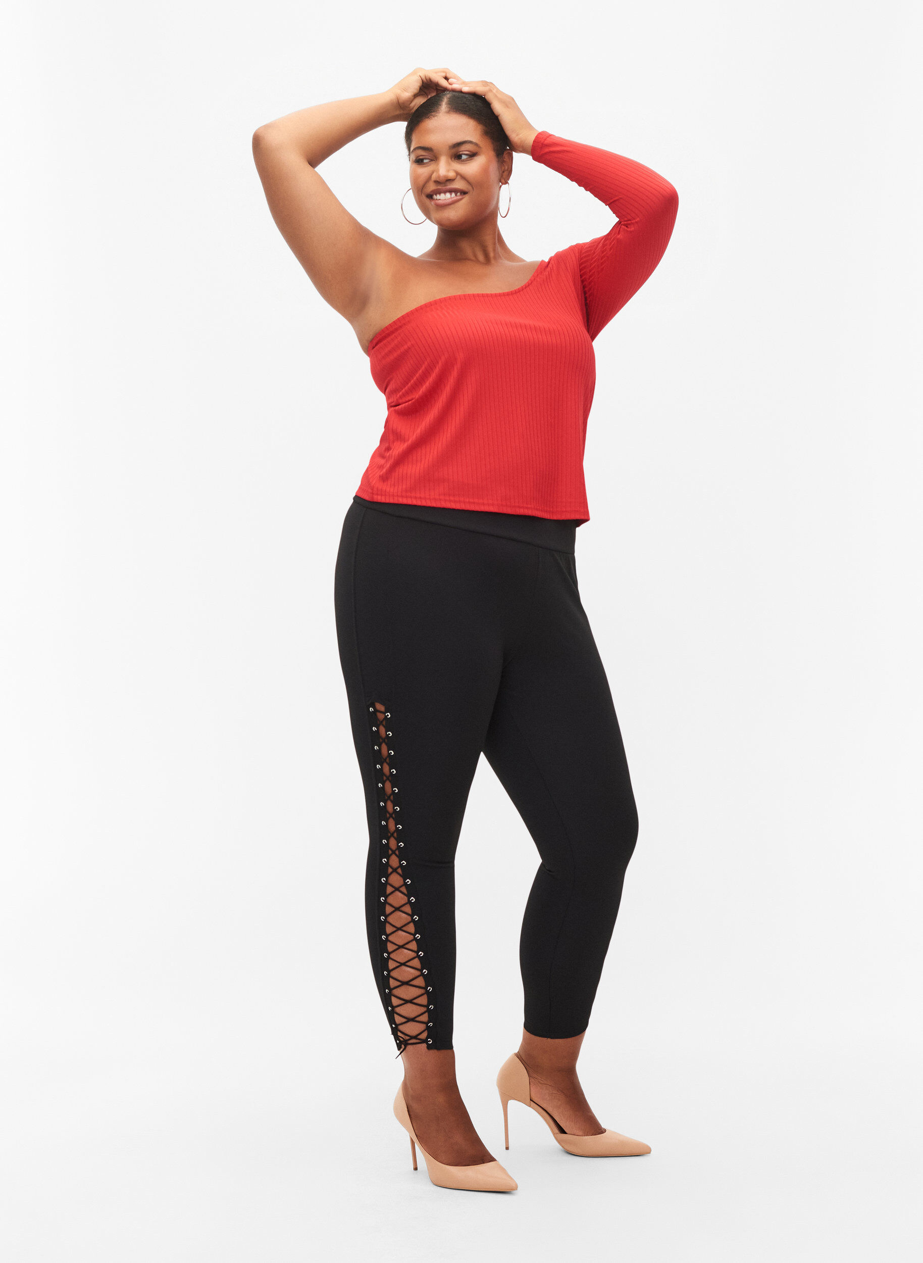 Zizzi Een-schouder blouse, Tango Red, Model image number 3