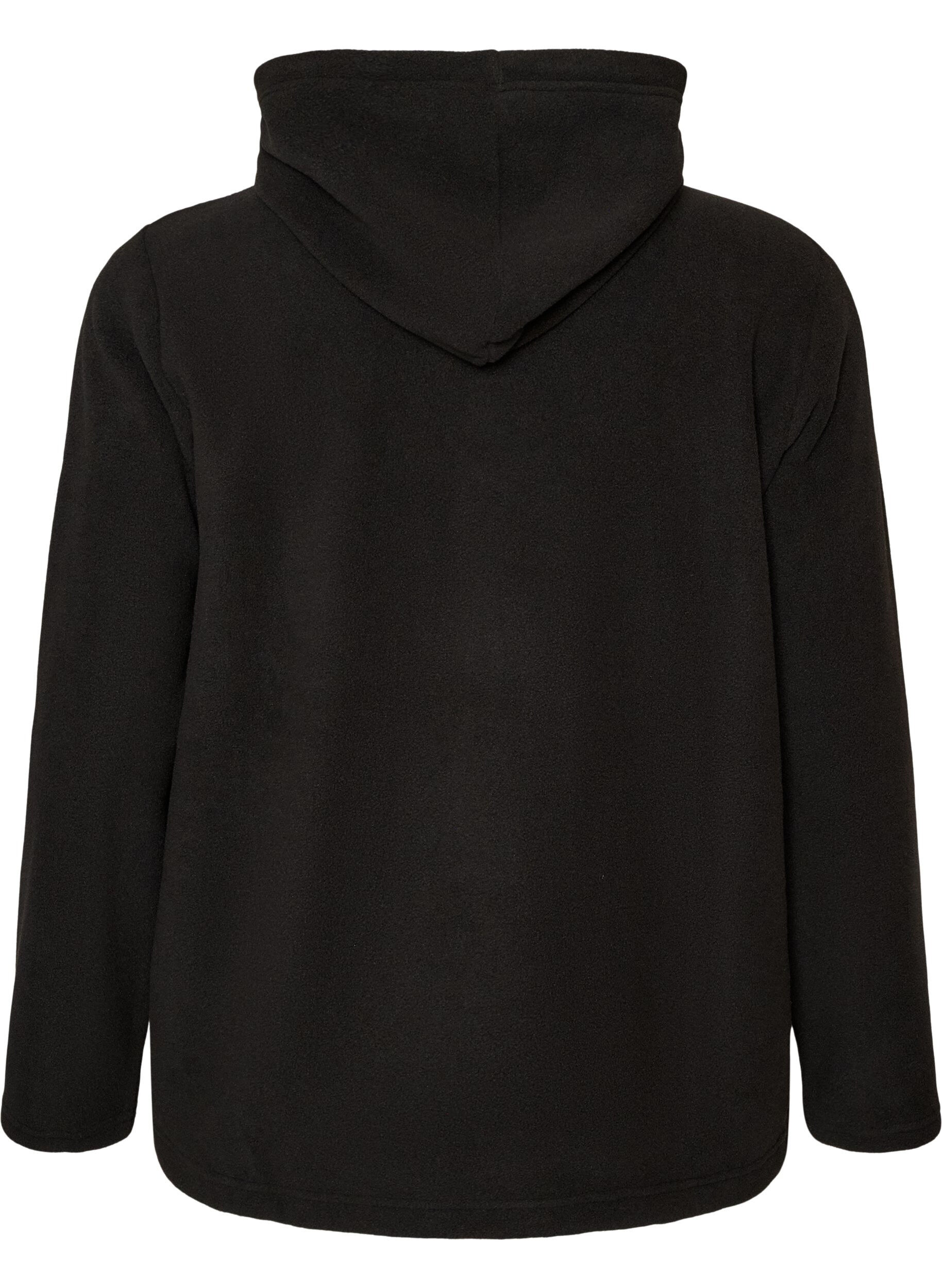 ZizziFleece hoodie met een hoge nek en geborduurde tekst, Zwart, Packshot image number 1