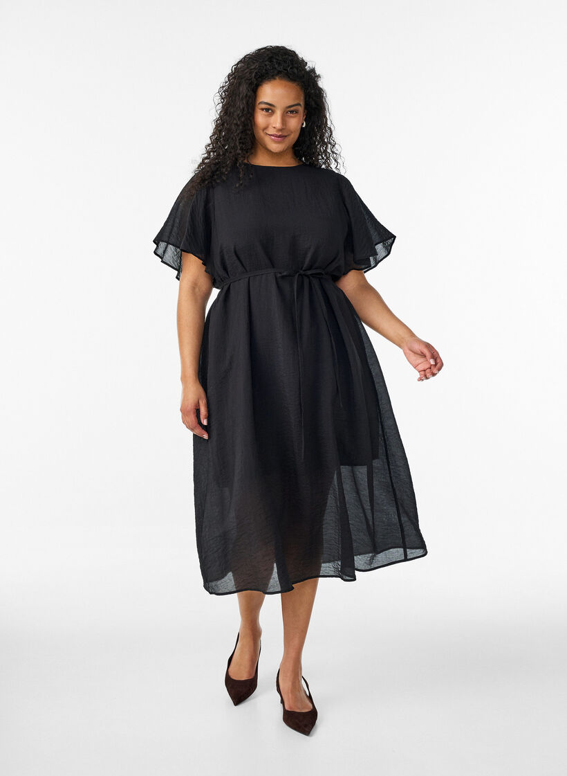 Enkellange jurk met vlindermouwen en strikceintuur, Zwart, Model image number 0