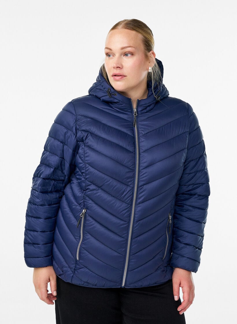 Gewatteerd lichtgewicht jack met capuchon, Blauw, Model image number 0