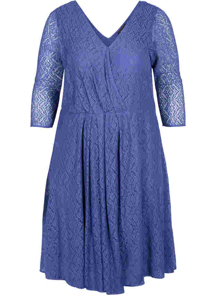 V-hals kanten jurk met 3/4 mouwen, Deep Cobalt, Packshot image number 0