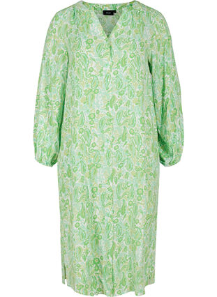 Midi-jurk van viscose met print en lange mouwen, Green Paisley AOP, Packshot image number 0