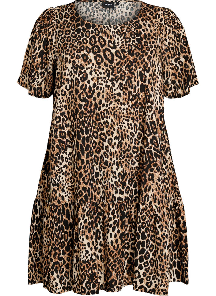 Viscose jurk met snijlijn, Bruin, Packshot image number 0