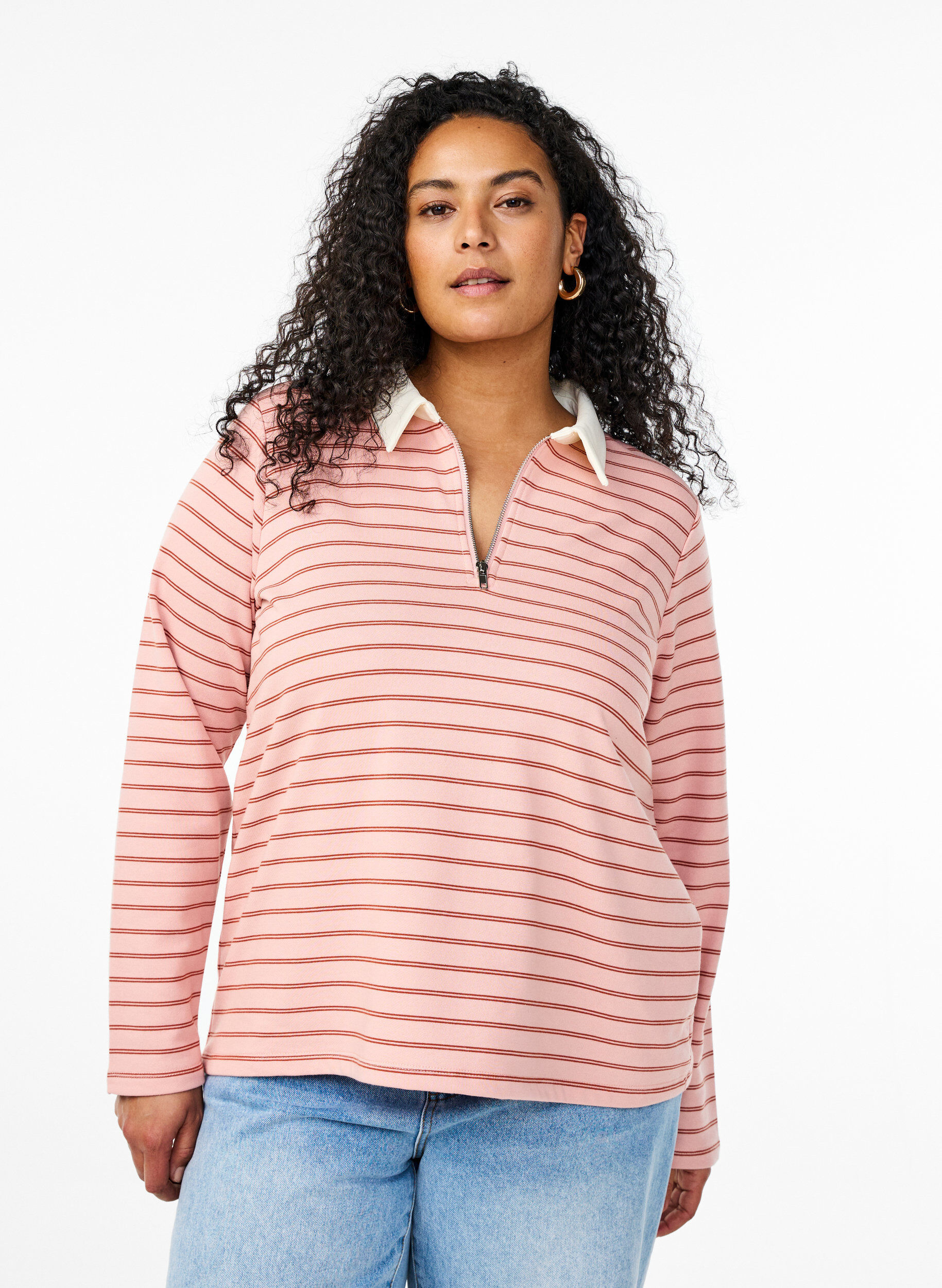 Zizzi Gestreept poloshirt met ritssluiting, Rood, Model image number 0