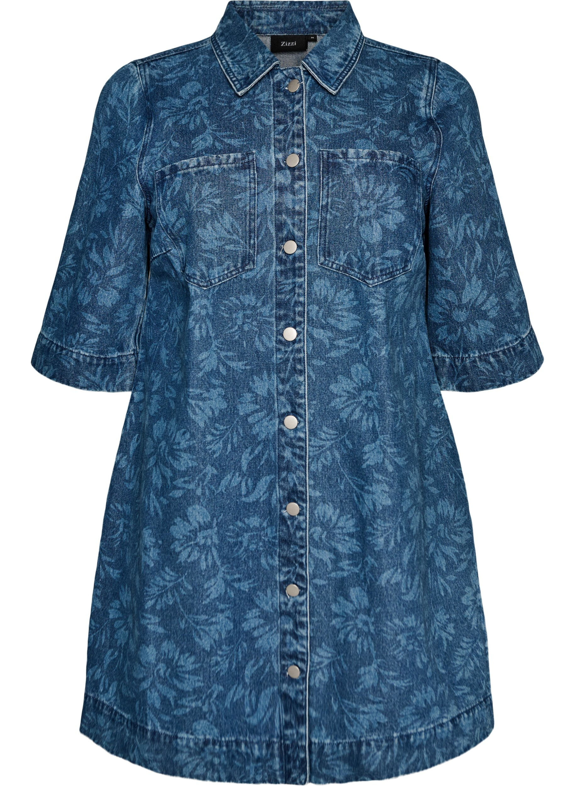 Zizzi Denimjurk met bloemenprint en borstzakken, Blauw, Packshot image number 0