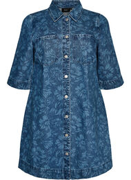 Denimjurk met bloemenprint en borstzakken, Blauw