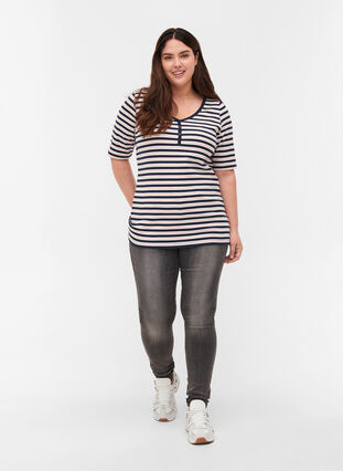 Gestreept geribbeld t-shirt in katoen, Blue Rose Stripe, Model image number 2