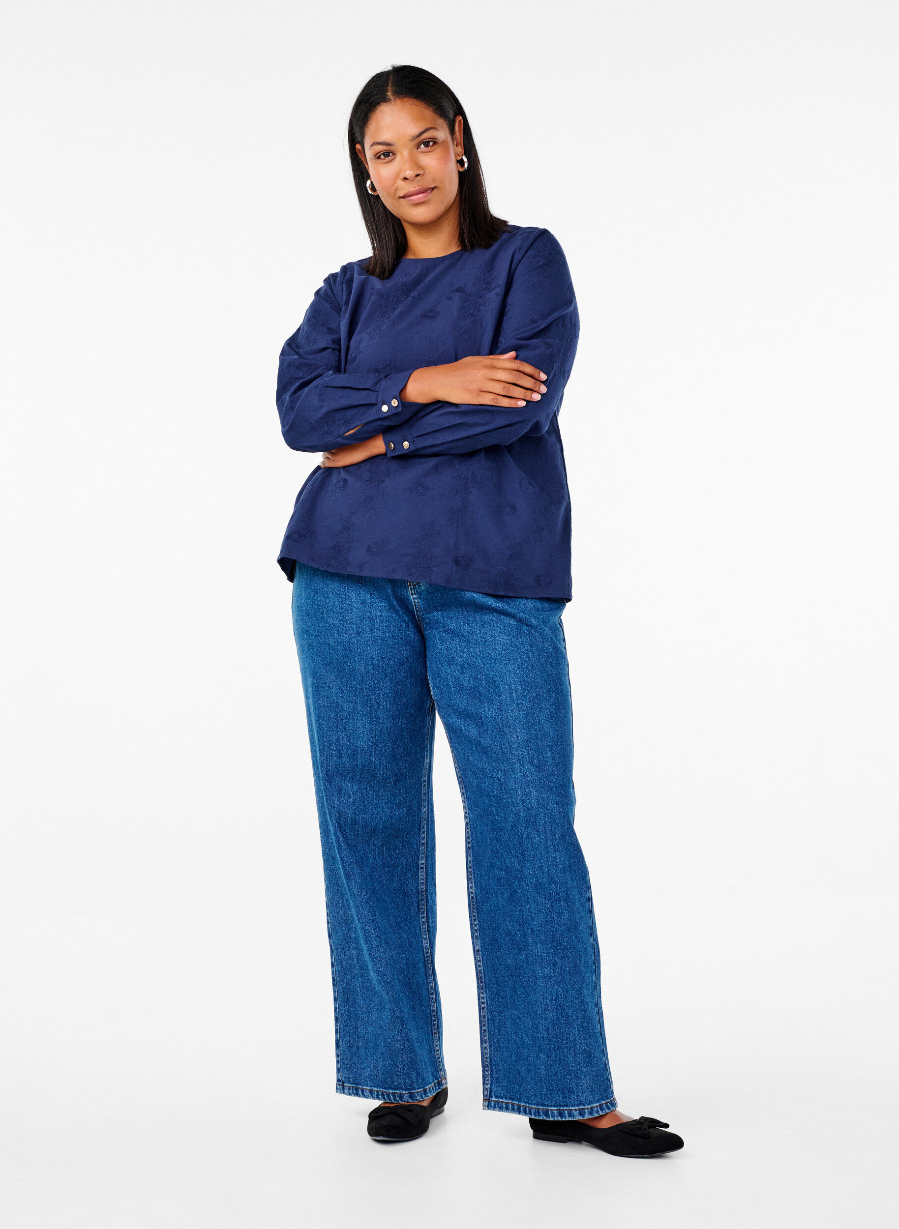 Zizzi Blouse met lange mouwen en borduurwerk, Blauw, Model image number 1