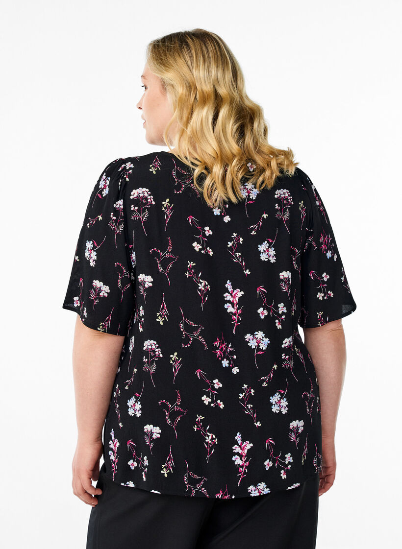 Blouse met bloemmotief en korte mouwen, Zwart, Model image number 2