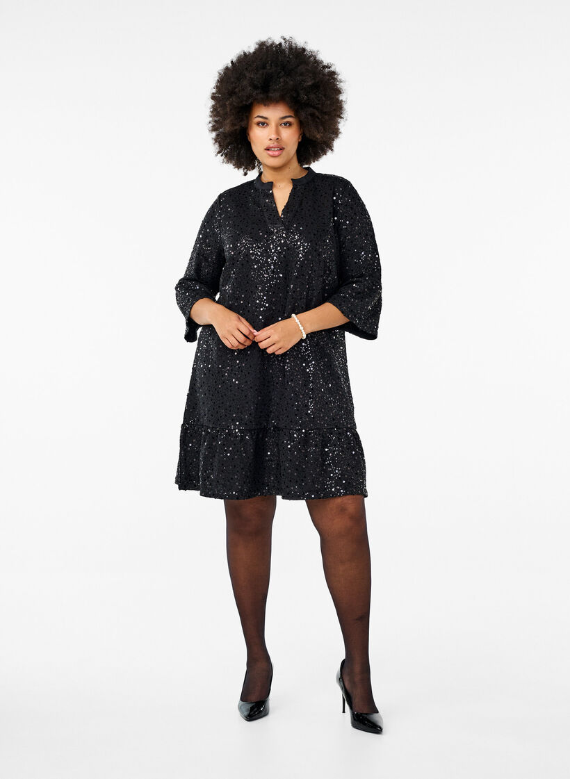 Paillettenjurk met V-hals en 3/4 mouwen, Black w. Bl. Sequins, Model image number 2