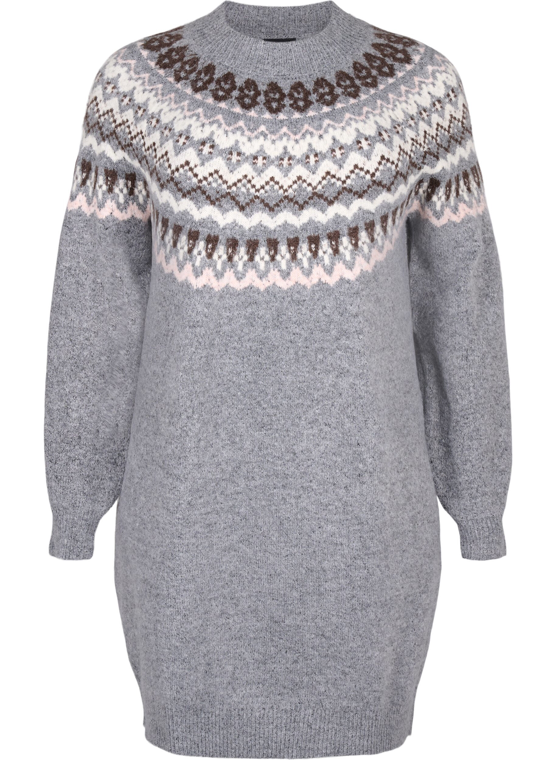 Zizzi Gebreide jurk met jacquardpatroon en lange mouwen, Medium Grey Comb, Packshot image number 0