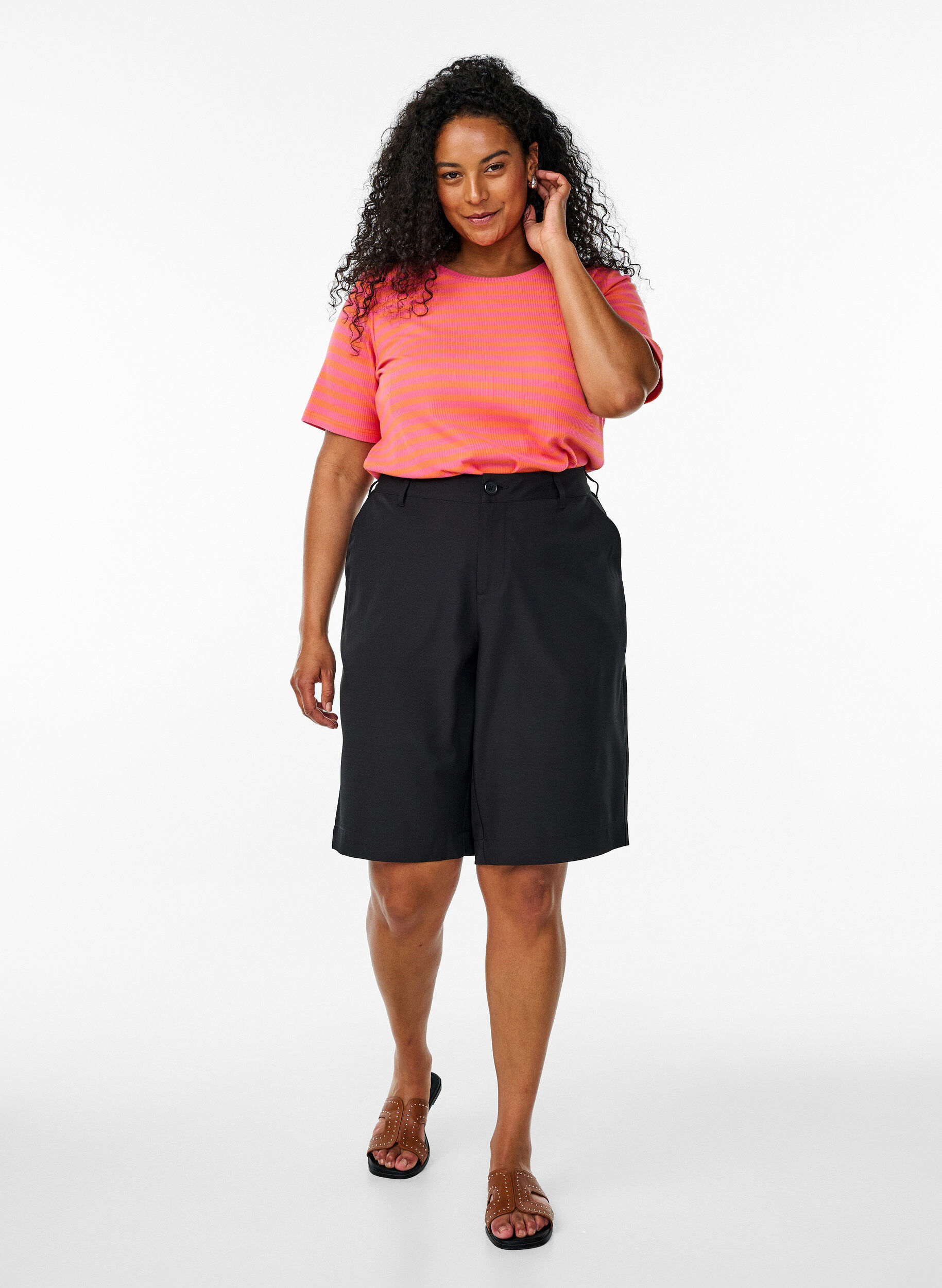 Zizzi Gestreept T-shirt met geribbelde textuur, Oranje, Model image number 1