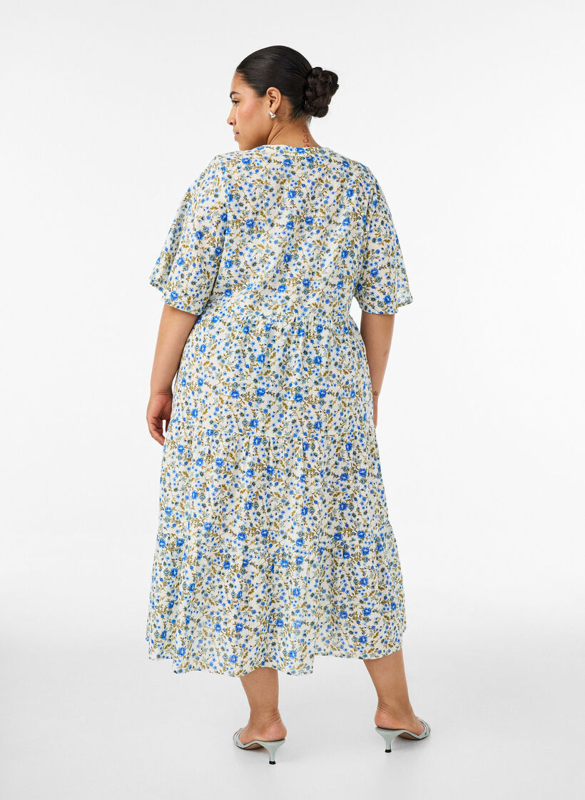 Katoenen midi jurk met bloemenprint, Blauw, Model image number 1