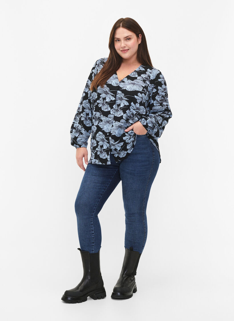 Shirtblouse met V-hals en print, Black B. Flower AOP, Model image number 2