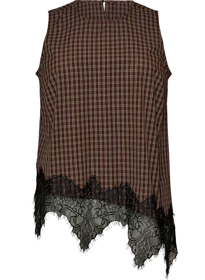 Geruite top met asymmetrische kanten afwerking, Bruin, Packshot image number 0