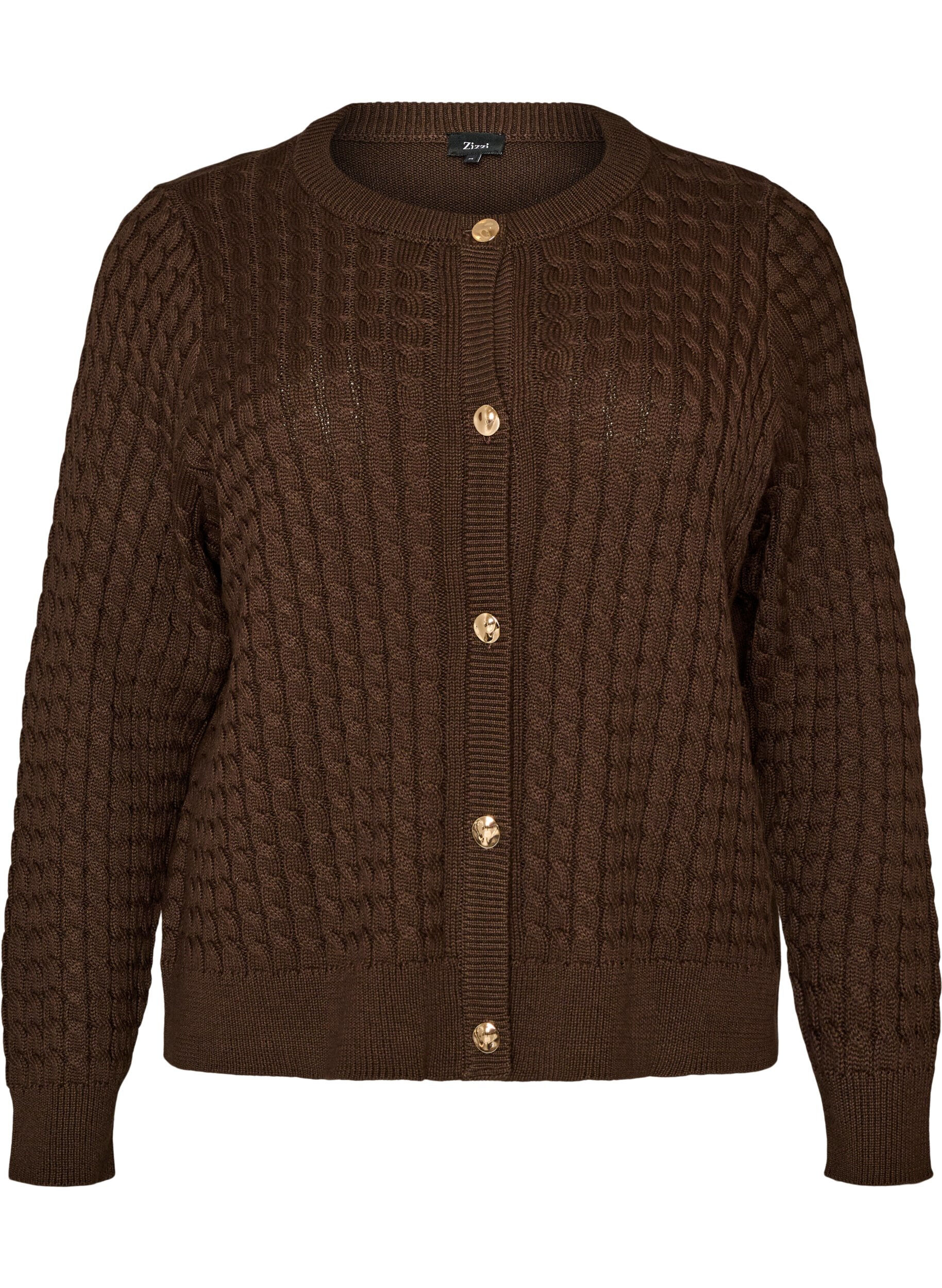 ZizziKabelgebreid vest met gouden knopen, Bruin, Packshot image number 0