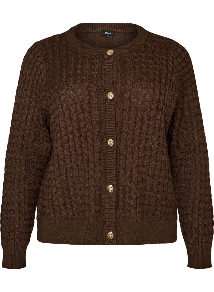 Kabelgebreid vest met gouden knopen, Bruin, Packshot image number 0
