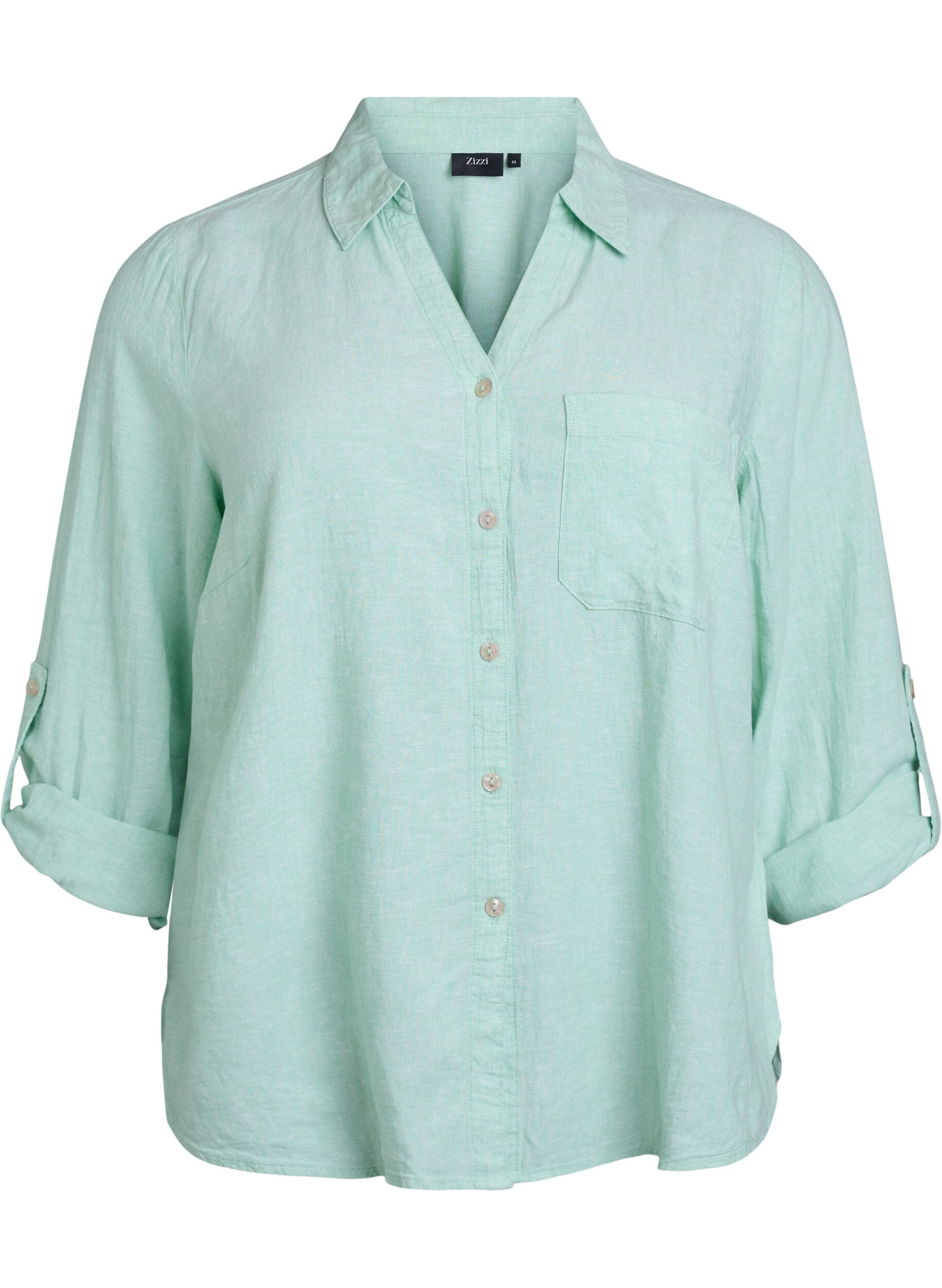 ZizziLinnen en viscose shirt met 3/4 mouwen, Groen, Packshot image number 0