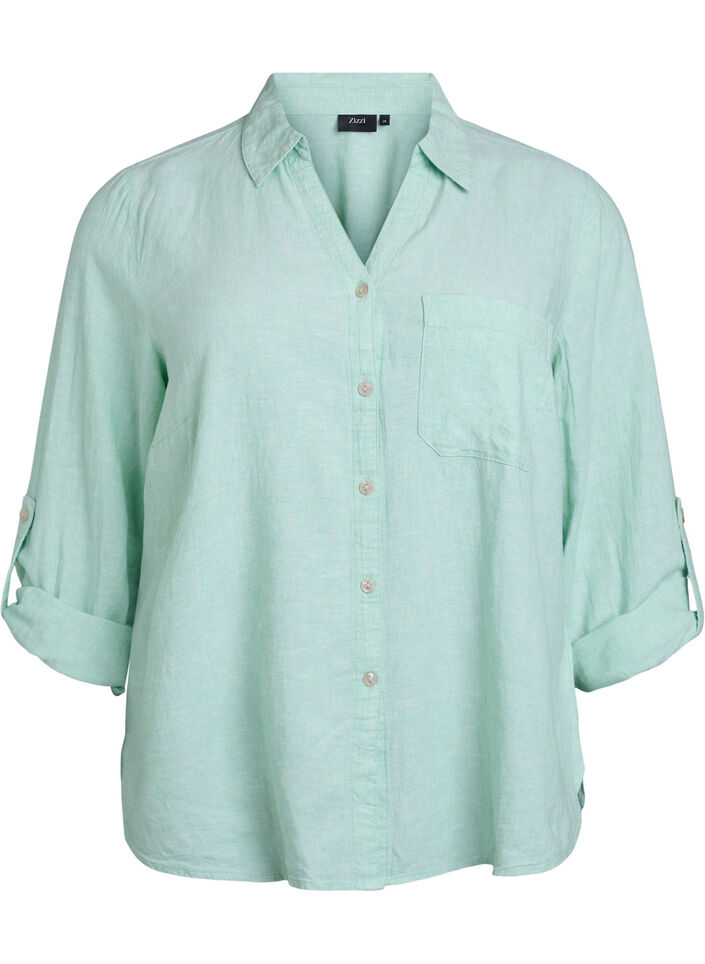 Linnen en viscose shirt met 3/4 mouwen, Groen, Packshot image number 0