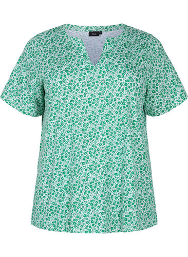 Gebloemd katoenen t-shirt met v-hals, Jolly Green AOP, Packshot image number 0
