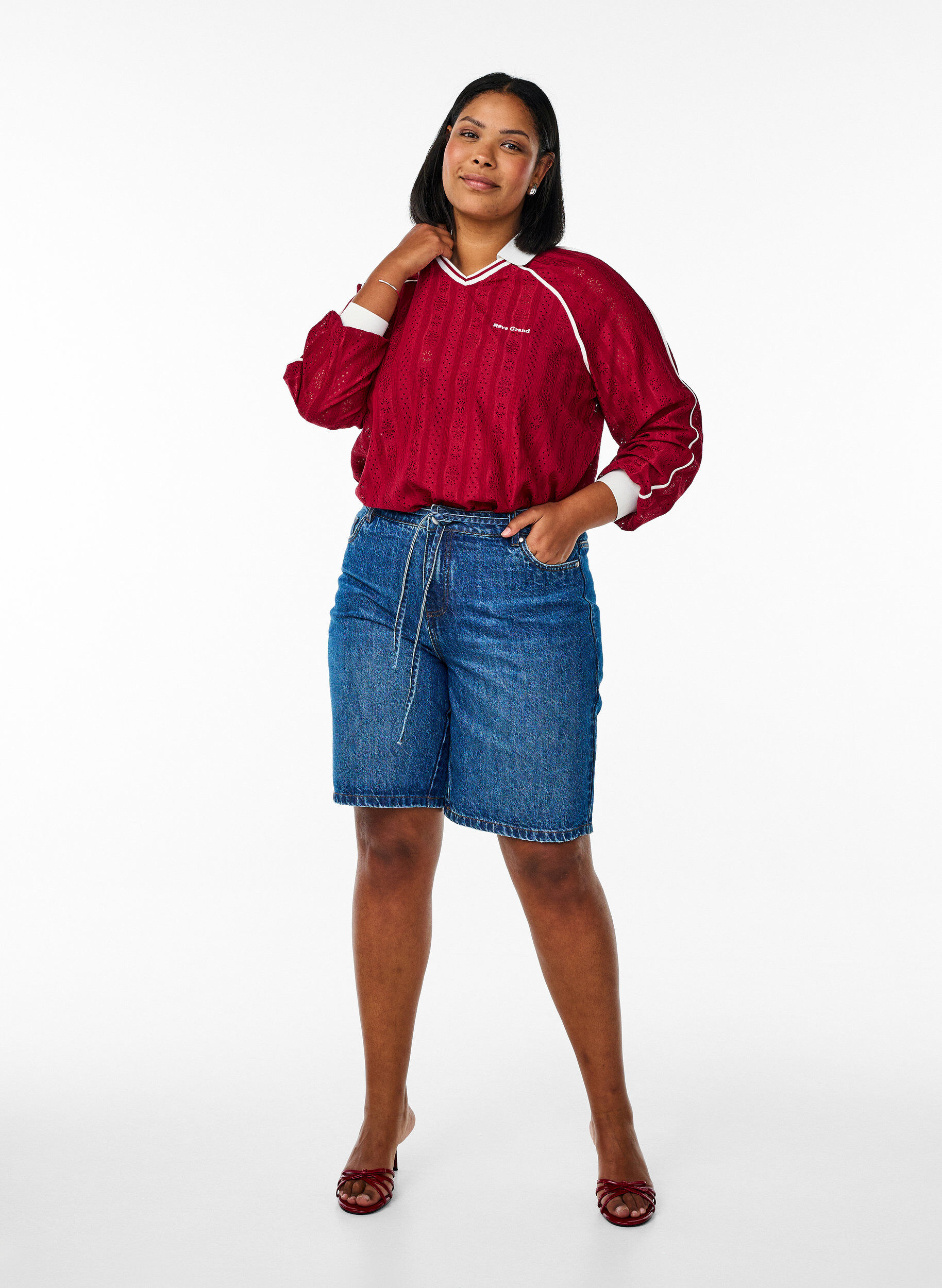 Zizzi Jersey blouse met een textuur en contrasterende details, Rood, Model image number 1