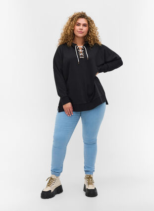 Sweatshirt met capuchon en contrasterend koord, Black, Model image number 2