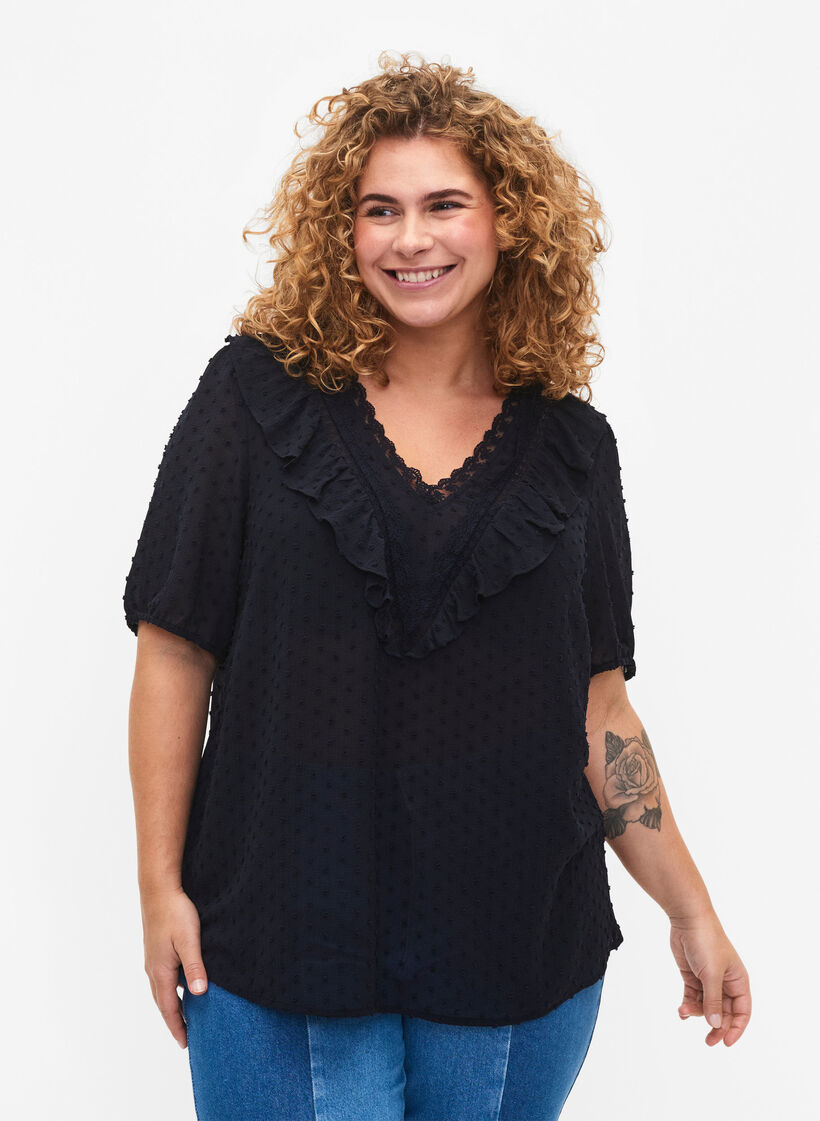 Blouse met korte mouwen en gestippelde structuur, Night Sky, Model image number 0