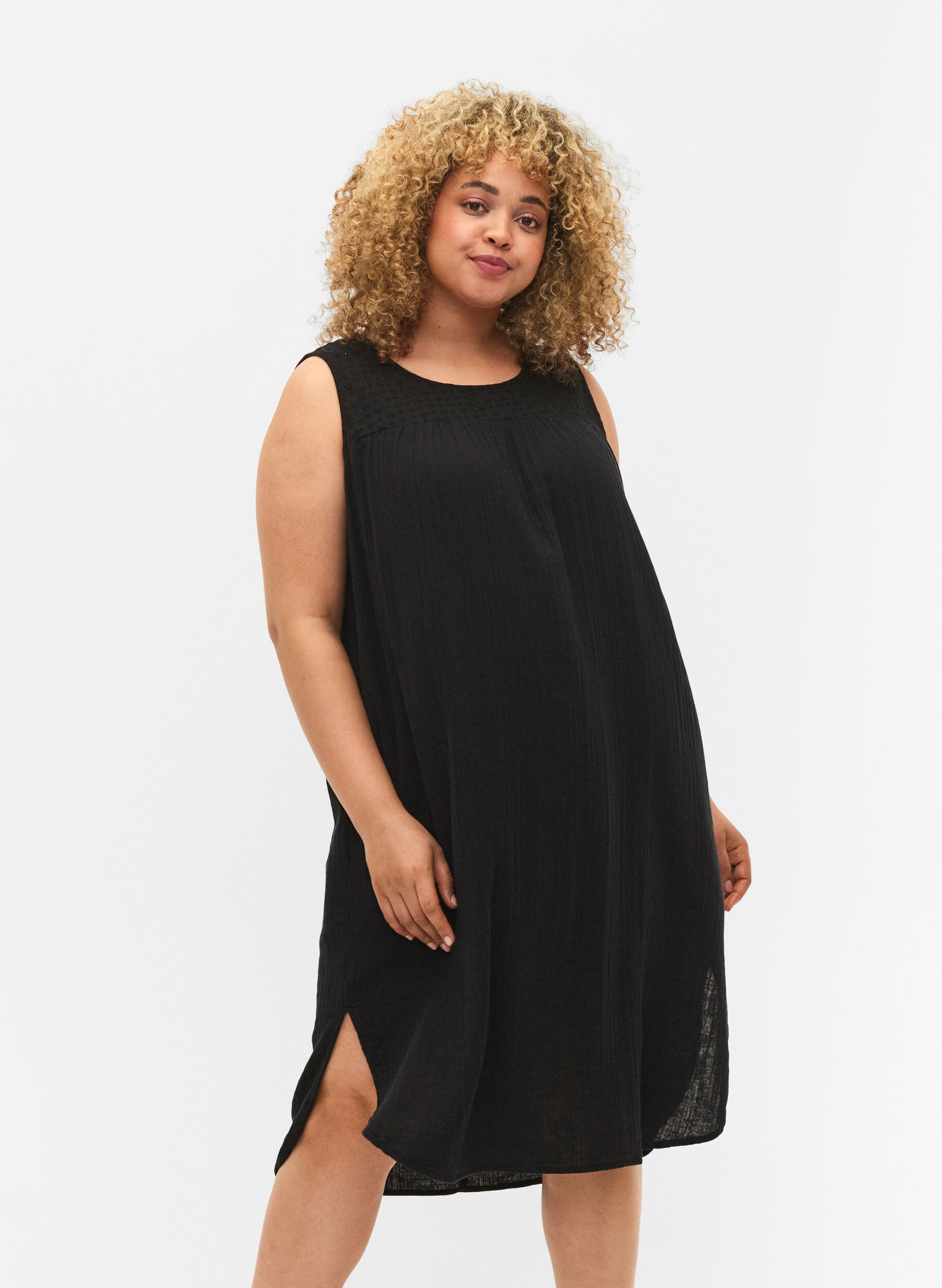 Zizzi Mouwloze midi-jurk van katoen, Black, Model image number 0