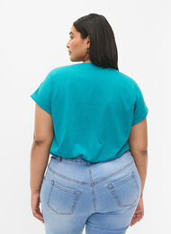 T-shirt met korte mouwen van katoenmix, Teal Blue, Model