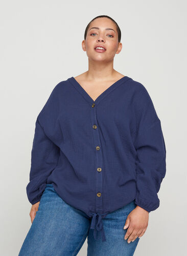 Katoenen blouse met verstelbare onderkant, Mood Indigo, Model image number 0