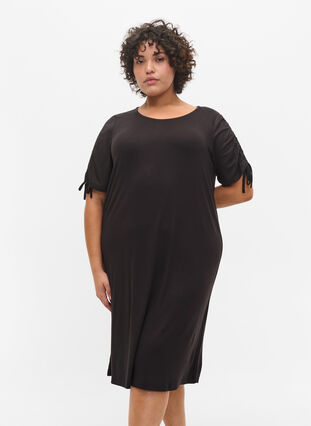 Viscose jurk met korte mouwen en koordjes, Black, Model image number 0