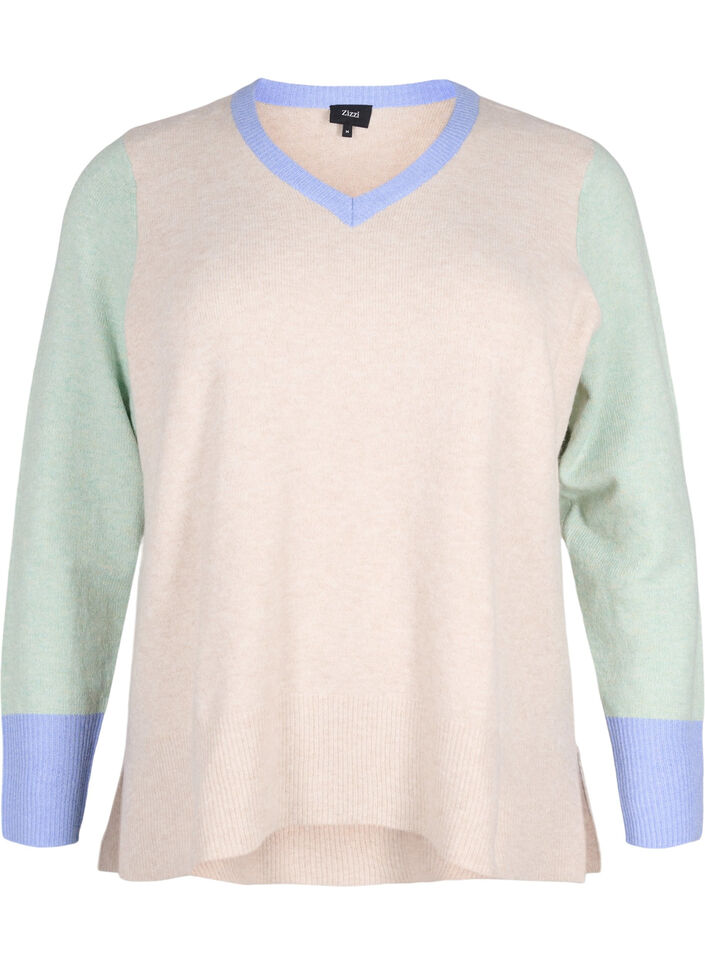 Gebreide blouse met colourblock en v-hals, Pumice Stone Mel.Com, Packshot image number 0