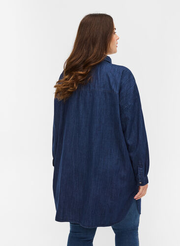 Oversized denim blouse met zakken, Dark blue denim, Model image number 1