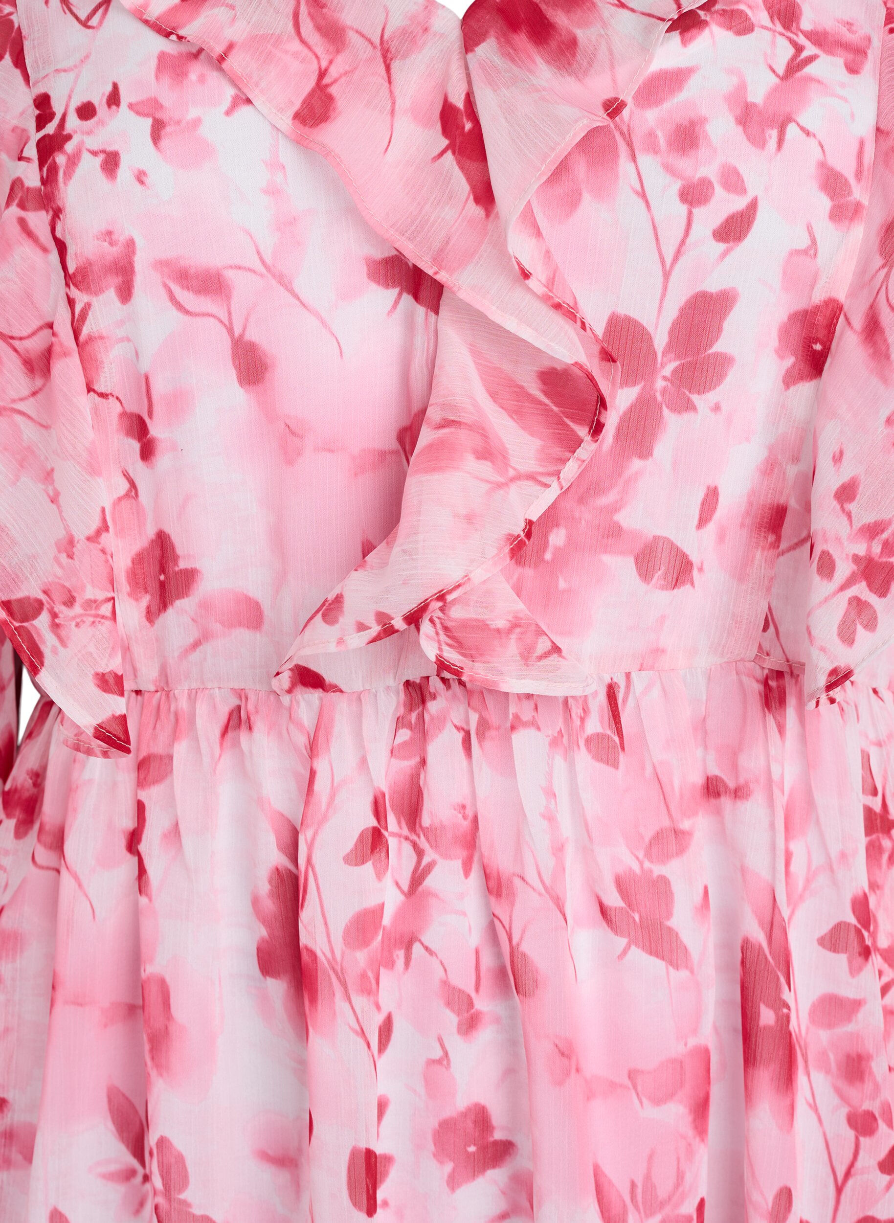 Zizzi Chiffonjurk met bloemenprint, ruches en lange mouwen, Roze, Packshot image number 2