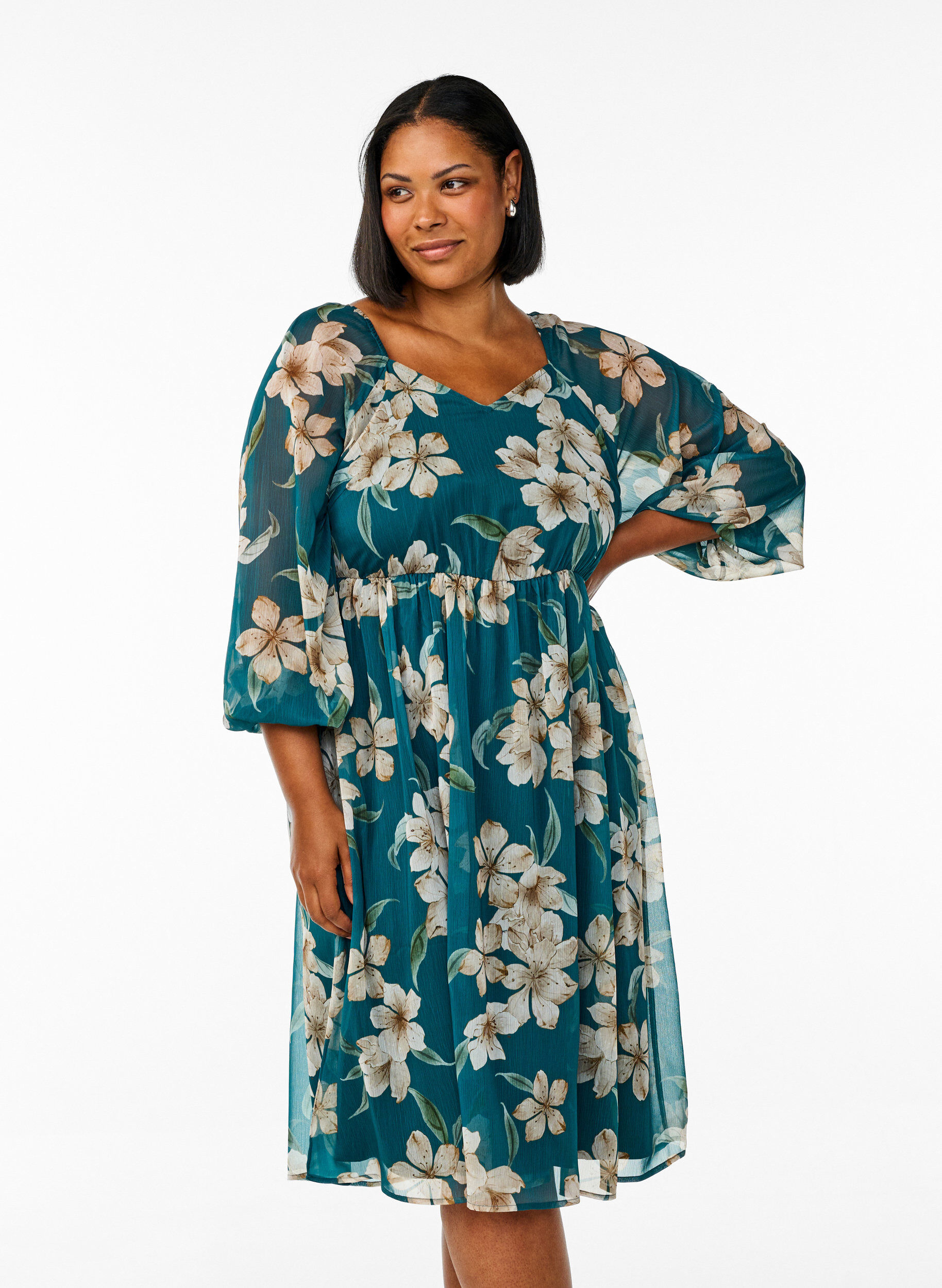 ZizziChiffon feestjurk met lange mouwen, Groen, Model image number 0