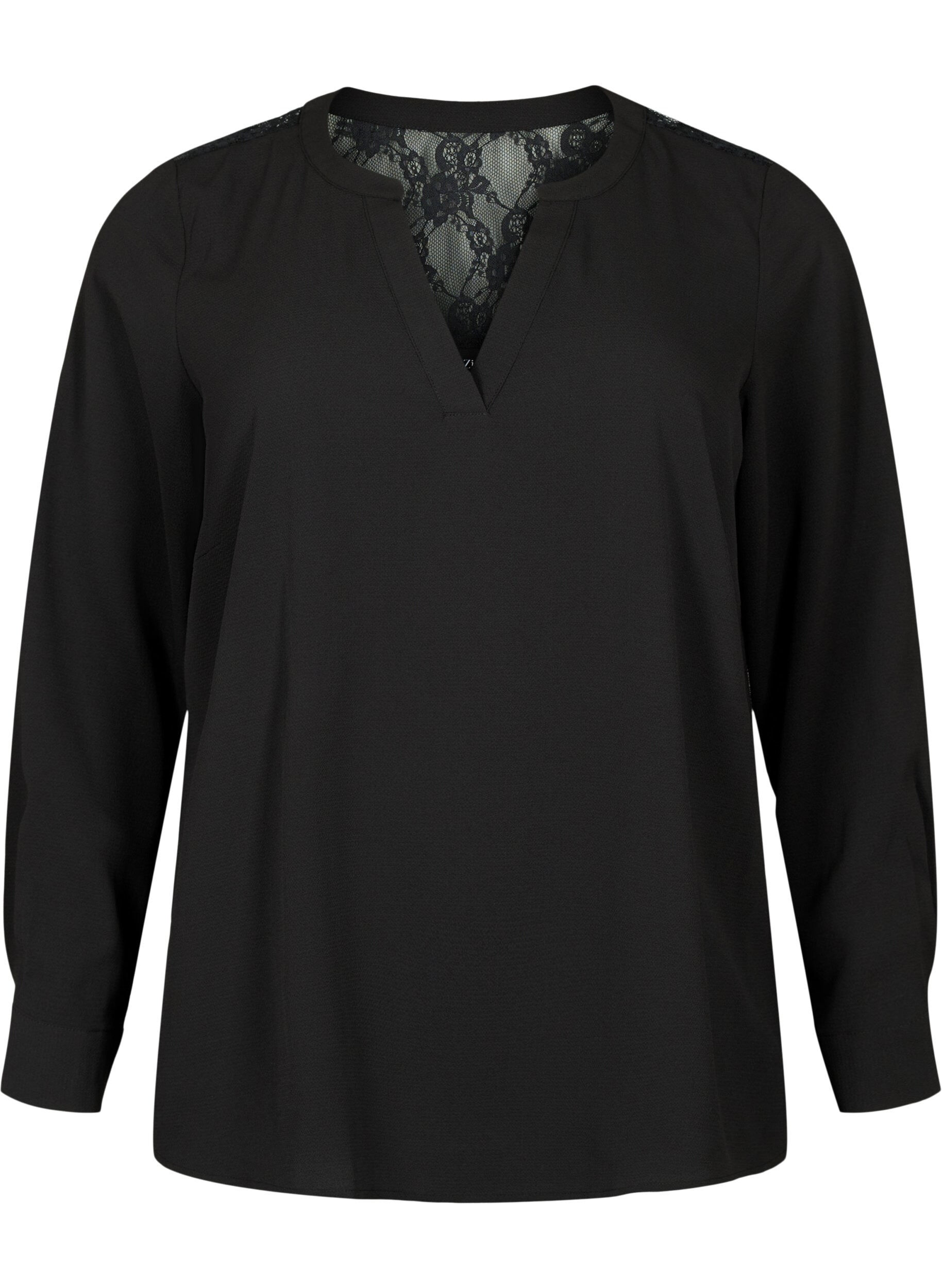 Zizzi Blouse met lange mouwen en kanten detail , Black, Packshot image number 0