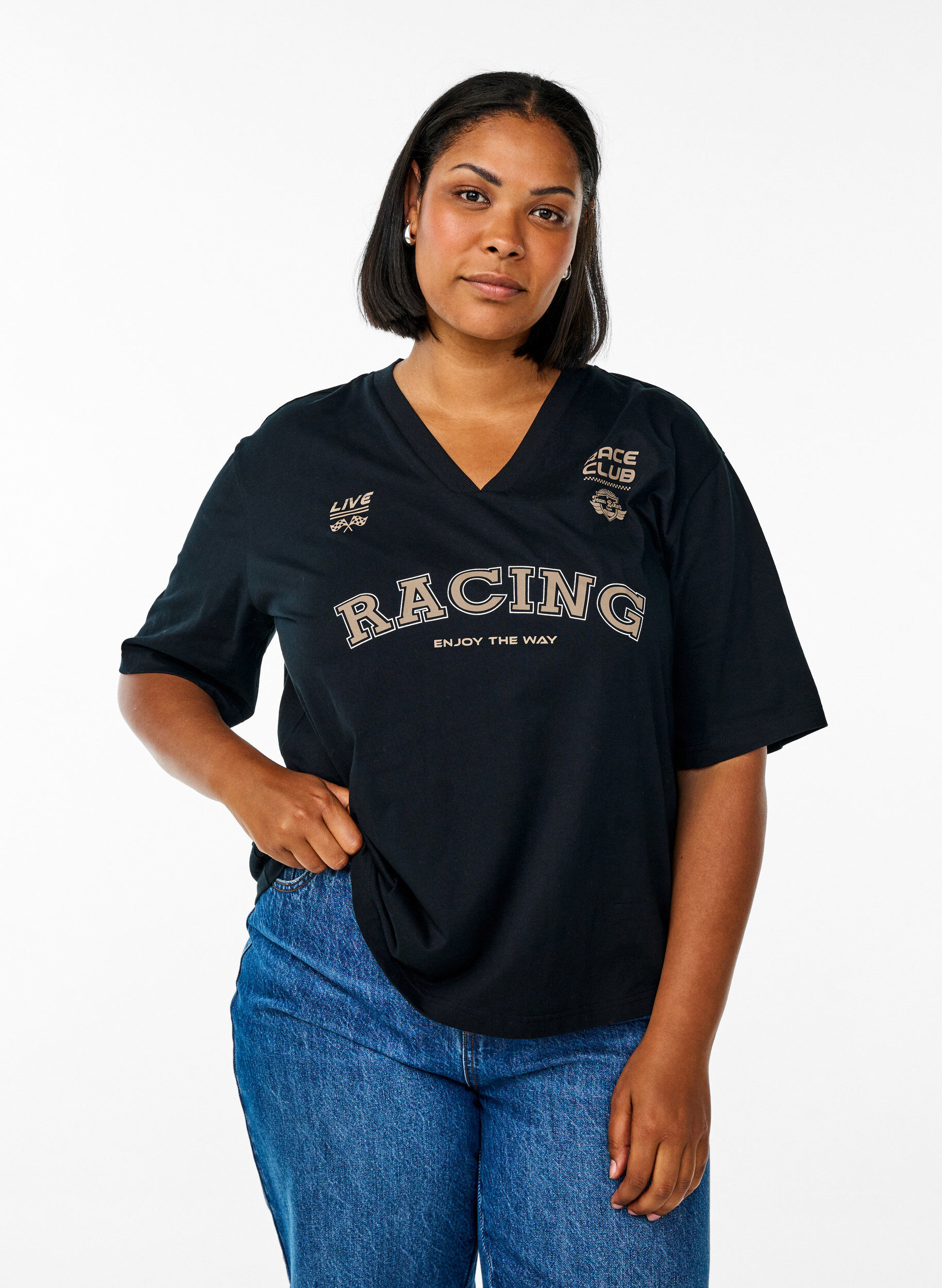 Zizzi Oversized T-shirt met Racing print, Zwart, Model image number 0