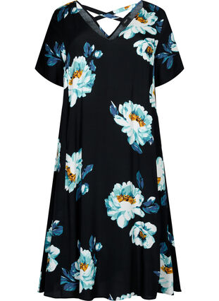 Gebloemde jurk met korte mouwen in viscose, Black Big Flower, Packshot image number 0