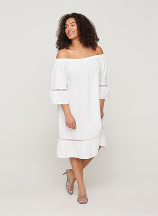 Katoenen jurk met kanten rand en korte mouwen, Bright White, Model image number 2