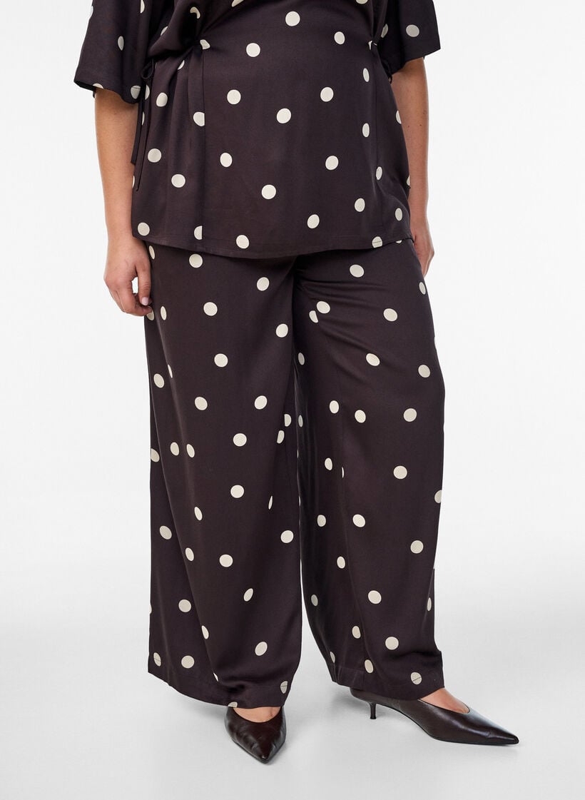 Viscose broek met stippen en wijde pijpen, Bruin, Model image number 3
